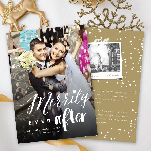 Merrily Ever After Mix Typography Wedding Photo Holiday Card (Creator Uploaded)