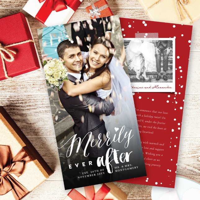 Merrily Ever After Mix Typography Wedding Photo Holiday Card (Creator Uploaded)