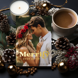 Merrily Ever After Modern Retro Typography Photo Foil Holiday Card