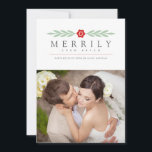 Merrily Ever After Modern Simple Floral Newylywed Holiday Card<br><div class="desc">Elegant one-photo card featuring a simple floral and leaves design in red orange and mint green.  Perfect for a first Christmas together,  showing off a wedding photo!  Template image must be replaced prior to purchasing.  Mint and white stripes on the back.</div>