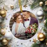 Merrily Ever After Newlywed Christmas Ceramic Tree Decoration<br><div class="desc">Personalised holiday photo ornament for newlyweds features a favourite wedding photo on each side,  with "Merrily Ever After" overlaid in white calligraphy. Customise with your names and wedding date.</div>