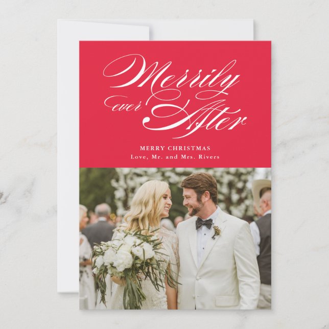 Merrily Ever After Newlywed Christmas Photo Holiday Card (Front)
