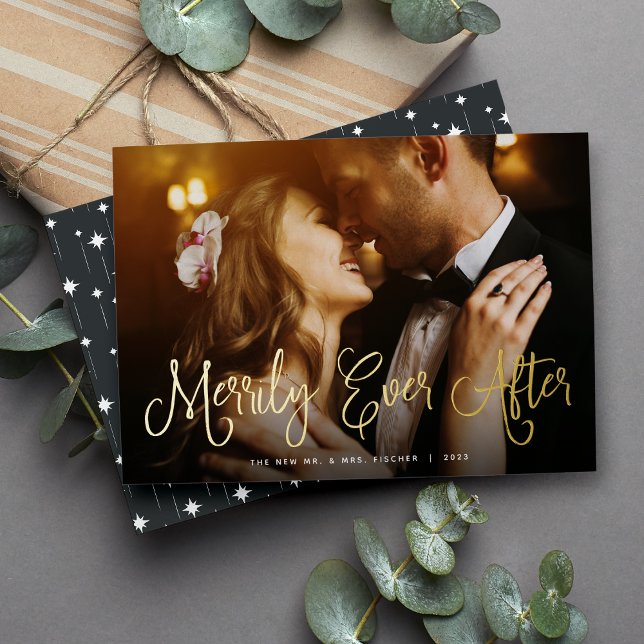 Merrily Ever After Newlywed Photo Foil Holiday Card (Creator Uploaded)