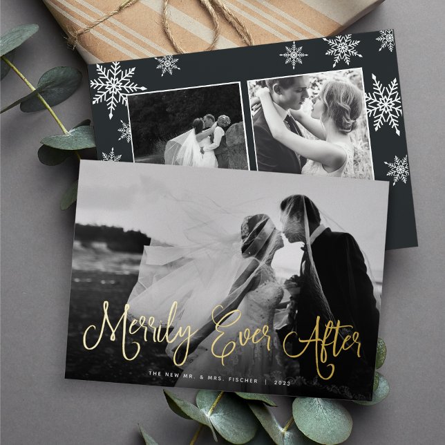 Merrily Ever After Newlywed Photo Foil Holiday Card (Creator Uploaded)