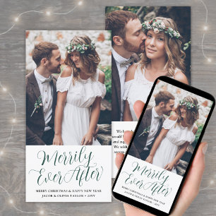 Merrily Ever After Newlyweds 2 Photo Elegant Green Holiday Card