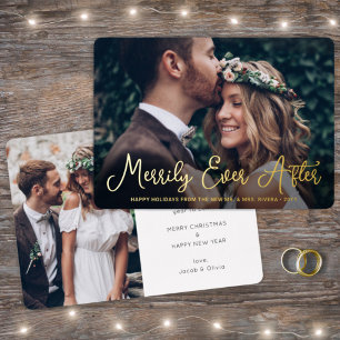 Merrily Ever After Newlyweds Photo First Christmas Foil Holiday Card