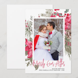 Merrily Ever After Photo Red Poinsettia Christmas Holiday Card