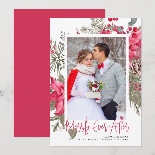 Merrily Ever After Photo Red Poinsettia Christmas Holiday Card (Front/Back)