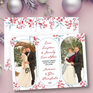 Merrily Ever After Red Berries Newlywed Photo Holiday Card