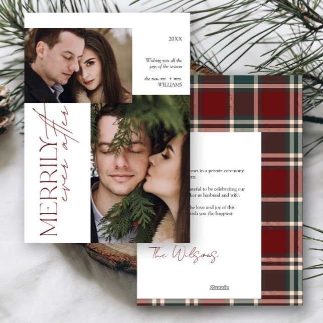 Merrily Ever After Tartan Plaid Wedding 2 Photo Holiday Card (Creator Uploaded)