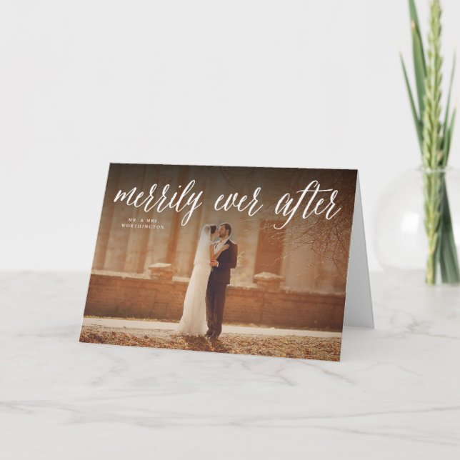 Merrily Ever After Trendy Script Photo Wedding Holiday Card (Front)