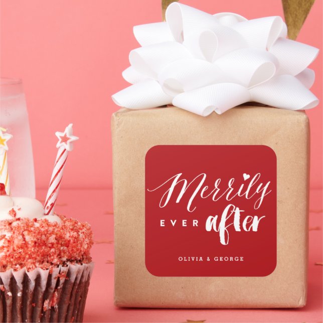 Merrily Ever After Typography Holiday Wedding Square Sticker (Party)