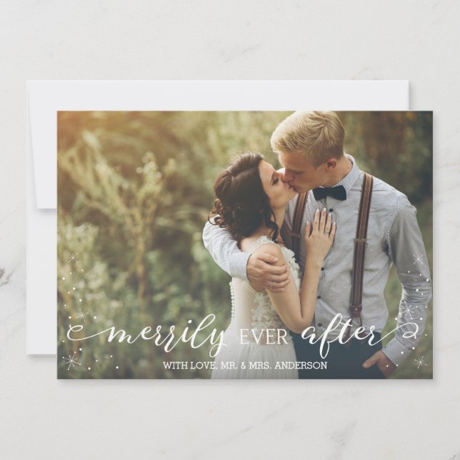 Merrily Ever After, Wedding Christmas Photo Card (Front)