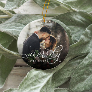 Merrily Ever After Wedding Photo Ceramic Tree Decoration