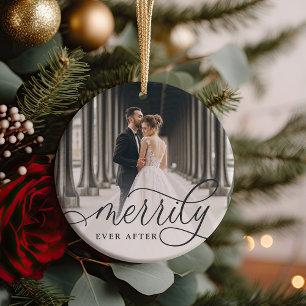 Merrily Ever After Wedding Photo Ceramic Tree Decoration