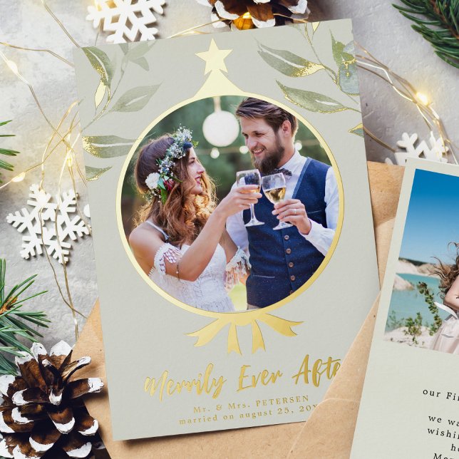 Merrily Ever After wedding photo Foil Holiday Card (Creator Uploaded)
