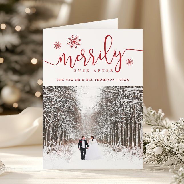 Merrily Ever After Wedding Photo Holiday Card (Creator Uploaded)