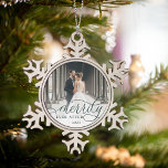 Merrily Ever After | Wedding Photo Snowflake Pewter Christmas Ornament<br><div class="desc">Elegant holiday photo ornament for newlyweds features a favourite wedding photo with "Merrily Ever After" overlaid in chic calligraphy script. Personalise with the year at the bottom.</div>