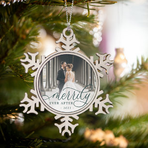 Merrily Ever After   Wedding Photo Snowflake Pewter Christmas Ornament