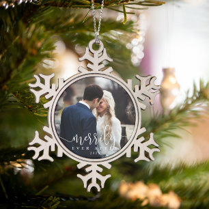 Merrily Ever After   Wedding Photo Snowflake Pewter Christmas Ornament