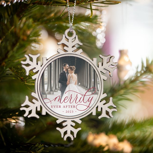 Merrily Ever After | Wedding Photo Snowflake Pewter Christmas Ornament (Creator Uploaded)