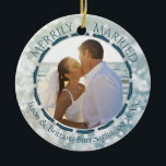Merrily Married 2 Photo Blue Teal Bokeh Cherish Ceramic Tree Decoration<br><div class="desc">Commemorate a First Christmas as Mr. and Mrs. with this stunning keepsake holiday ornament featuring two photos (one on each side) and a teal, blue and white bokeh background and teal ribbon. The front has the title MERRILY MARRIED and the back has a handwritten script word CHERISH as an overlay...</div>