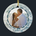 Merrily Married 2 Photo Blue Teal Bokeh Cherish Ceramic Tree Decoration<br><div class="desc">Commemorate a First Christmas as Mr. and Mrs. with this stunning keepsake holiday ornament featuring two photos (one on each side) and a teal, blue and white bokeh background and teal ribbon. The front has the title MERRILY MARRIED and the back has a handwritten script word CHERISH as an overlay...</div>