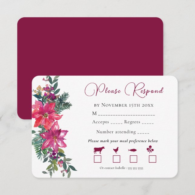 Merrily Married Christmas Wedding Pink Floral   RSVP Card (Front/Back)