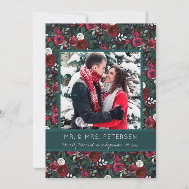 Merrily Married Green Burgundy Christmas Photo Holiday Card (Front)