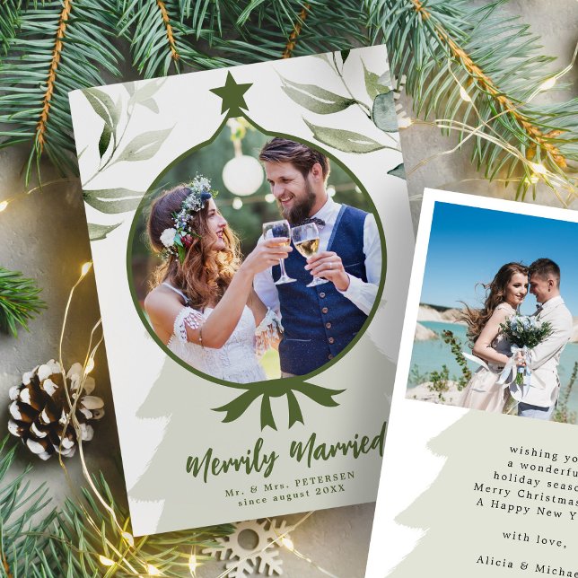 Merrily Married newlywed photo greenery Christmas Holiday Card (Creator Uploaded)