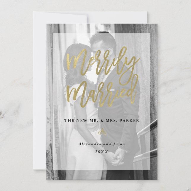 Merrily Married Photo with Overlay | Gold Holiday Card (Front)