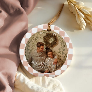 Merrily Married Retro Chequerboard Newlywed Photo Ceramic Tree Decoration