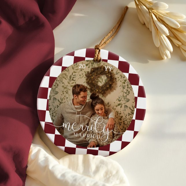 Merrily Married Retro Chequerboard Newlywed Photo Ceramic Tree Decoration (Merrily Married Retro Checkerboard Newlywed Photo Ceramic Ornament)