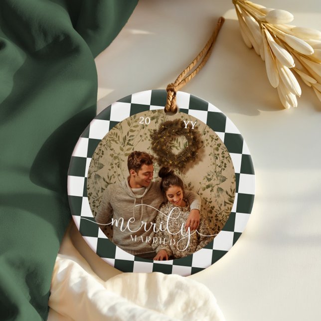 Merrily Married Retro Chequerboard Newlywed Photo Ceramic Tree Decoration (Merrily Married Retro Checkerboard Newlywed Photo Ceramic Ornament)