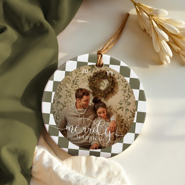 Merrily Married Retro Chequerboard Newlywed Photo Ceramic Tree Decoration (Merrily Married Retro Checkerboard Newlywed Photo Ceramic Ornament)