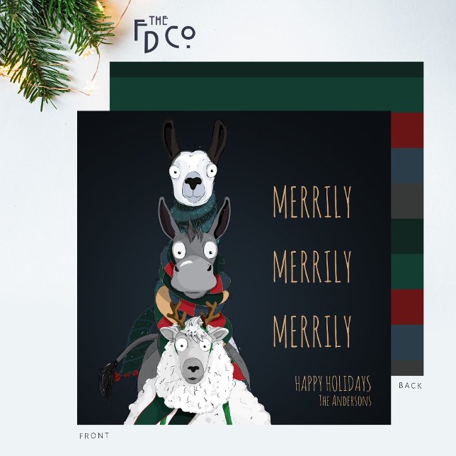 “Merrily Merrily Merrily” Sheep Donkey Llama Funny Holiday Card (Creator Uploaded)
