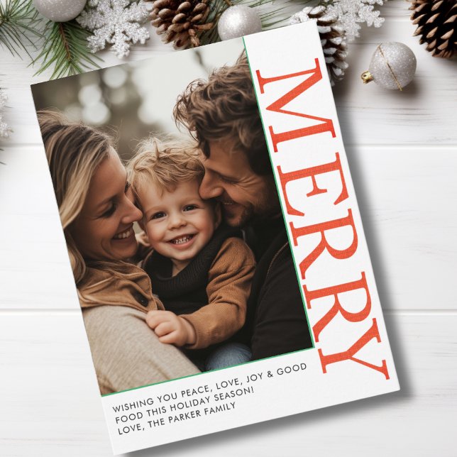 MERRY! 1 Photo, White, Orange, Green, Classic Holiday Card (MERRY! 1 Photo, White, Orange, Green, Classic Holiday Card)