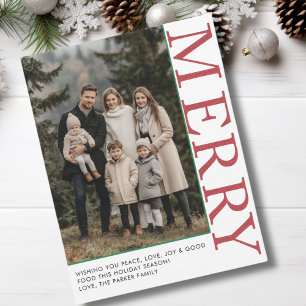 MERRY! 1 Photo, White, Red, Green, Classic Holiday Card