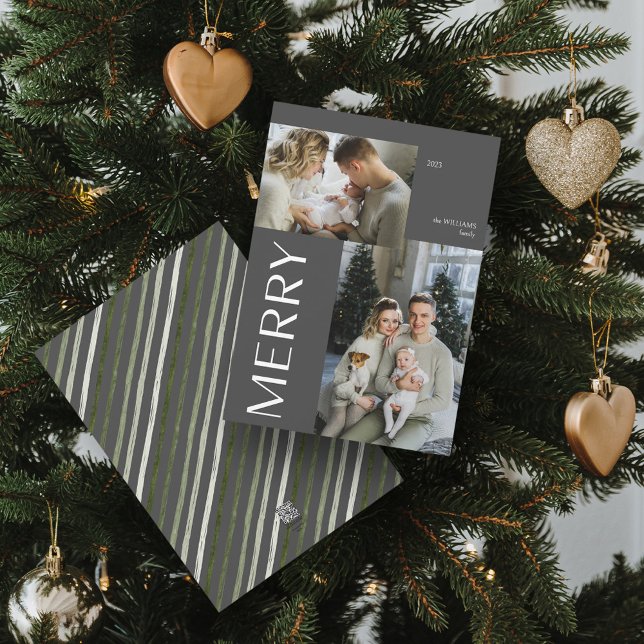 Merry 2 Photo Collage Modern Grey Christmas Holiday Card (Spread Cheer! Customize Your 'MERRY' Photo Holiday Card 📷🎄 [Upload Here])