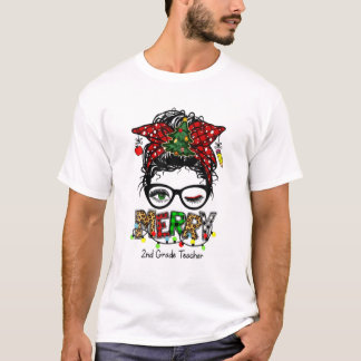 Merry 2Nd Grade Teacher Messy Bun Merry Christmas T-Shirt