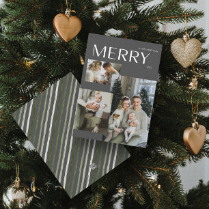 Merry 3 Photo Collage Modern Grey Christmas Holiday Card