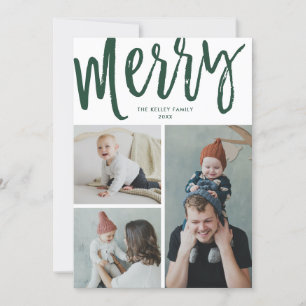 Merry, 3 Photo, Text/Photo on Back, Green Holiday Card