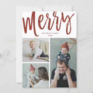 Merry, 3 Photo, Text/Photo on Back, Red Holiday Card