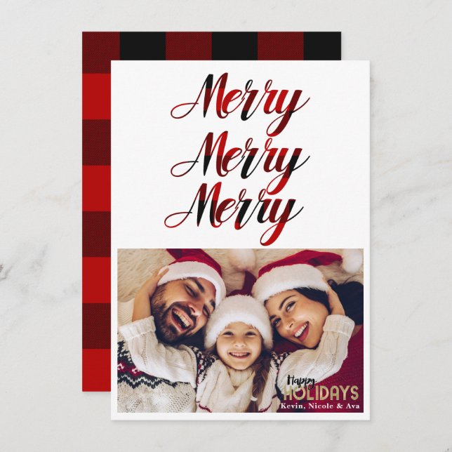 MERRY 3 Red Buffalo Plaid Holiday Photo Card (Front/Back)