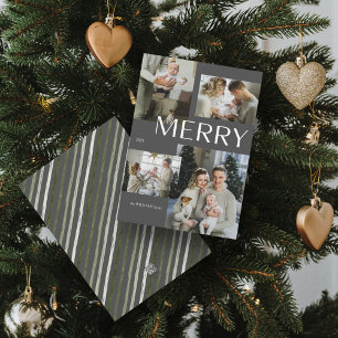 Merry 4 Photo Collage Modern Grey Christmas Holiday Card