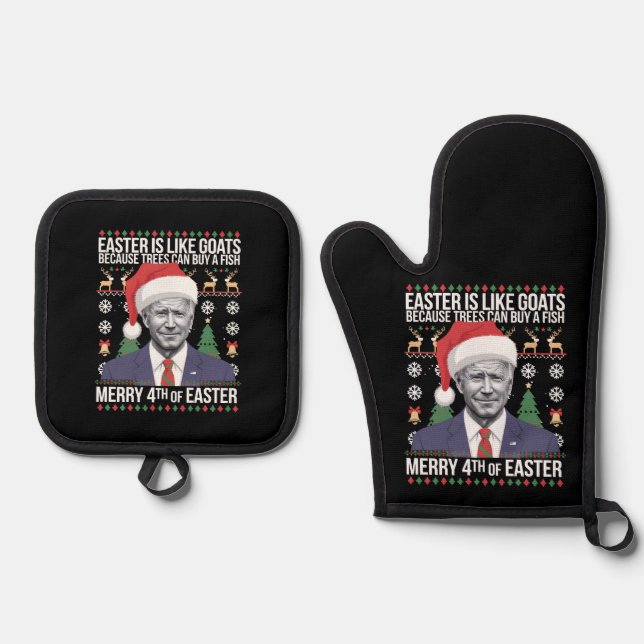 Merry 4th Of Easter Funny Biden Ugly Christmas  Oven Mitt & Pot Holder Set (Front)