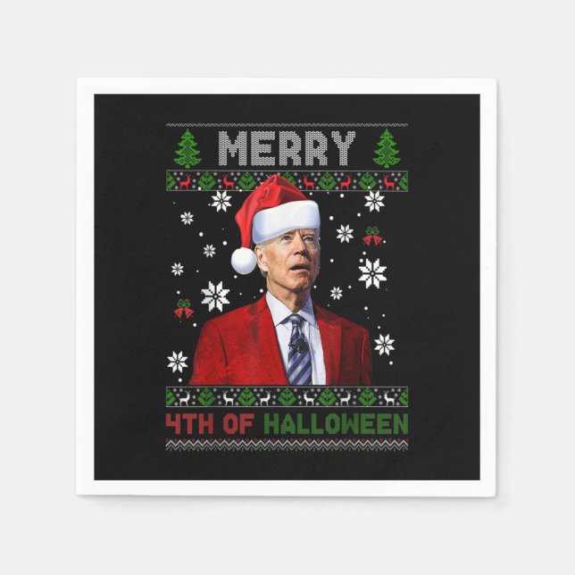 Merry 4th Of Halloween Funny Biden Ugly Christmas  Napkin (Front)