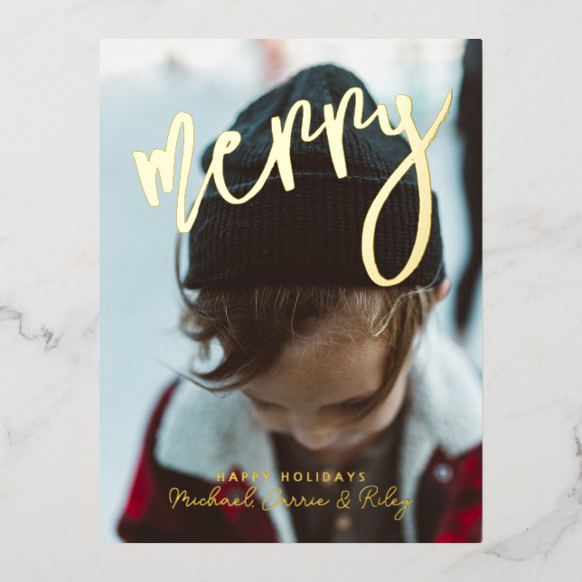 MERRY | Add Your Photo Foil Holiday Postcard (Front)