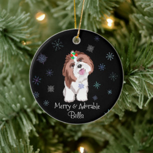 Merry & Adorable Shih Tzu With Snowflake Dog Name  Ceramic Tree Decoration