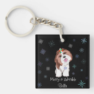 Merry & Adorable Shih Tzu With Snowflake Dog Name Key Ring